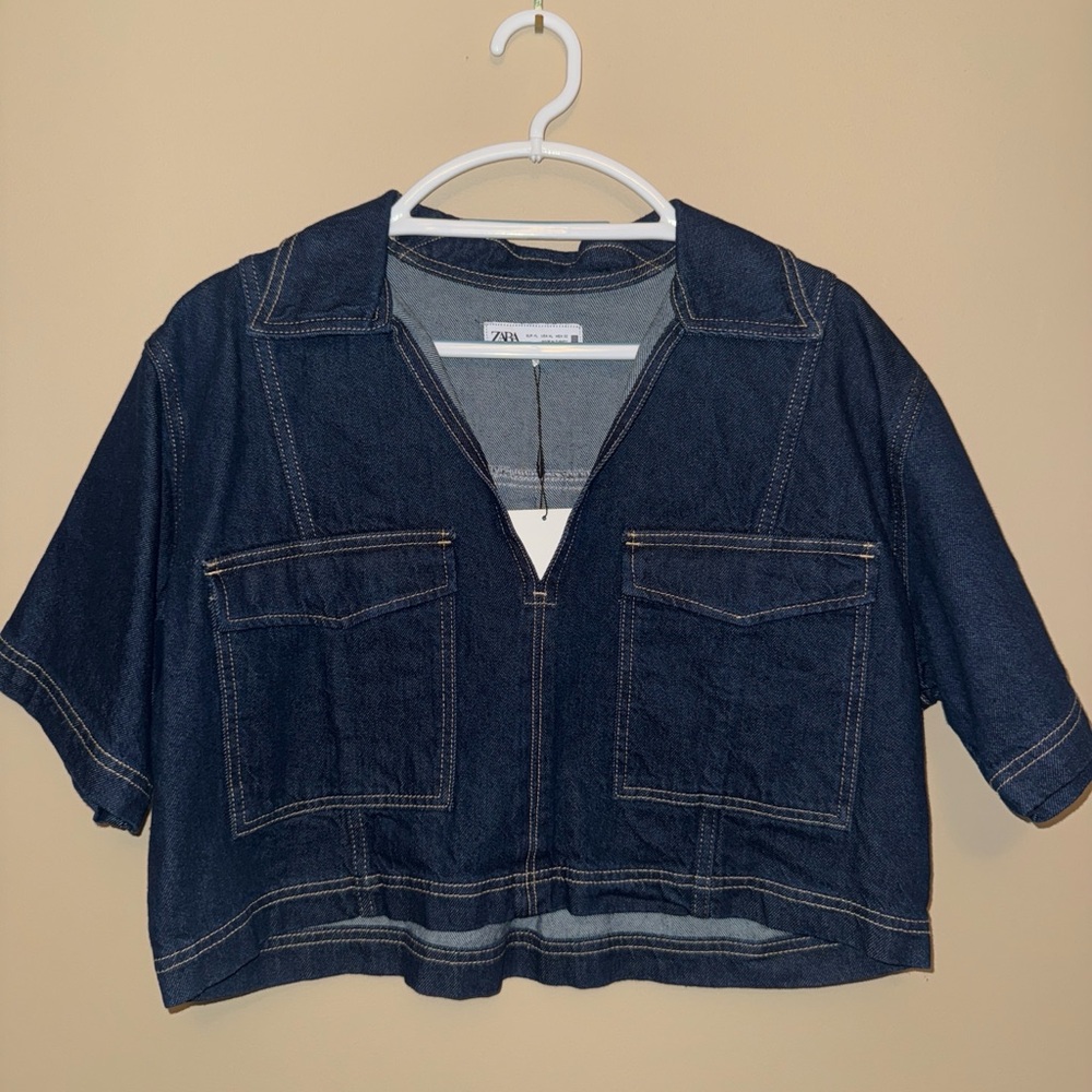 Zara Navy Denim Cropped Top